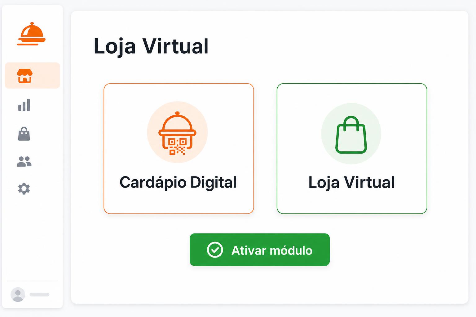 Tela de ativação do módulo no painel, com opções Cardápio Digital e Loja Virtual