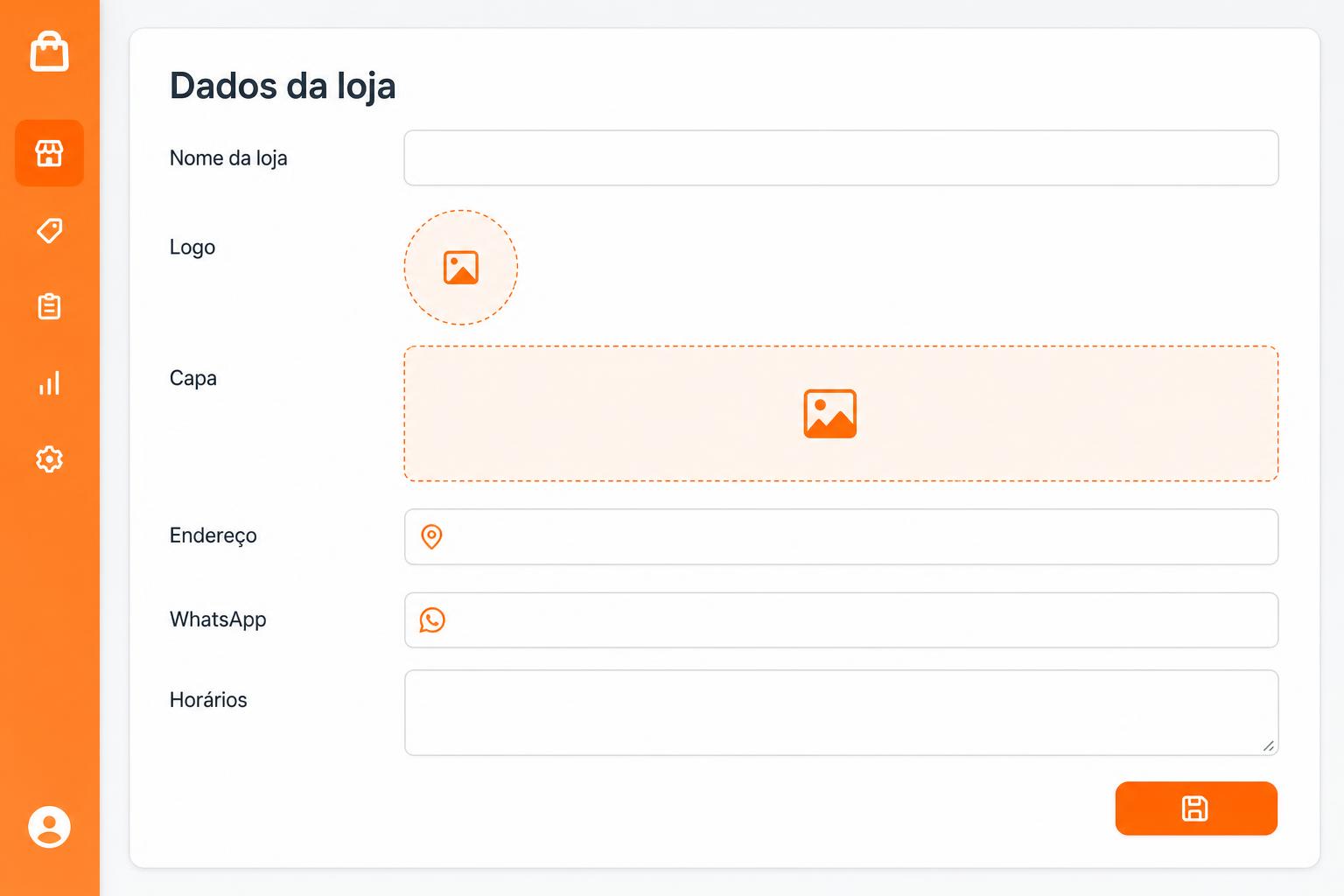 Formulário Dados da loja com campos de nome, logo, capa, endereço, WhatsApp e horários