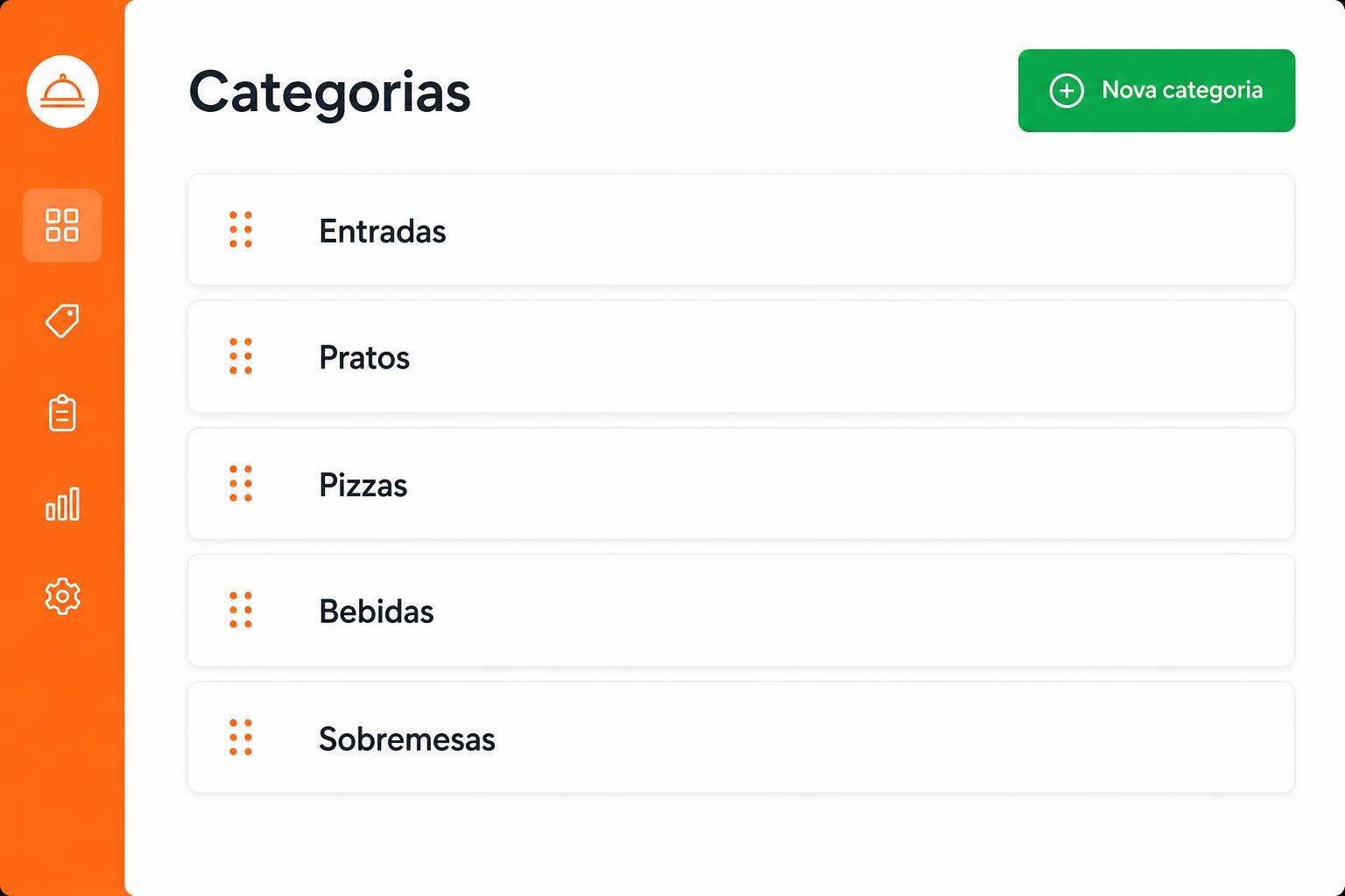 Lista de categorias do cardápio com botão Nova categoria e itens arrastáveis
