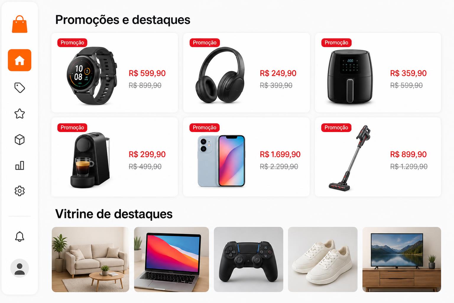 Tela de Promoções e destaques com itens em promoção e grade de destaques da vitrine
