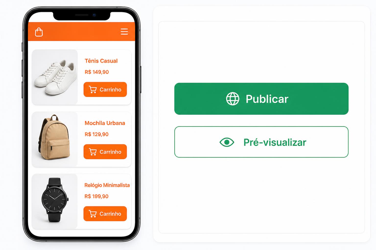 Pré-visualização da loja em celular com botão Publicar destacado no painel