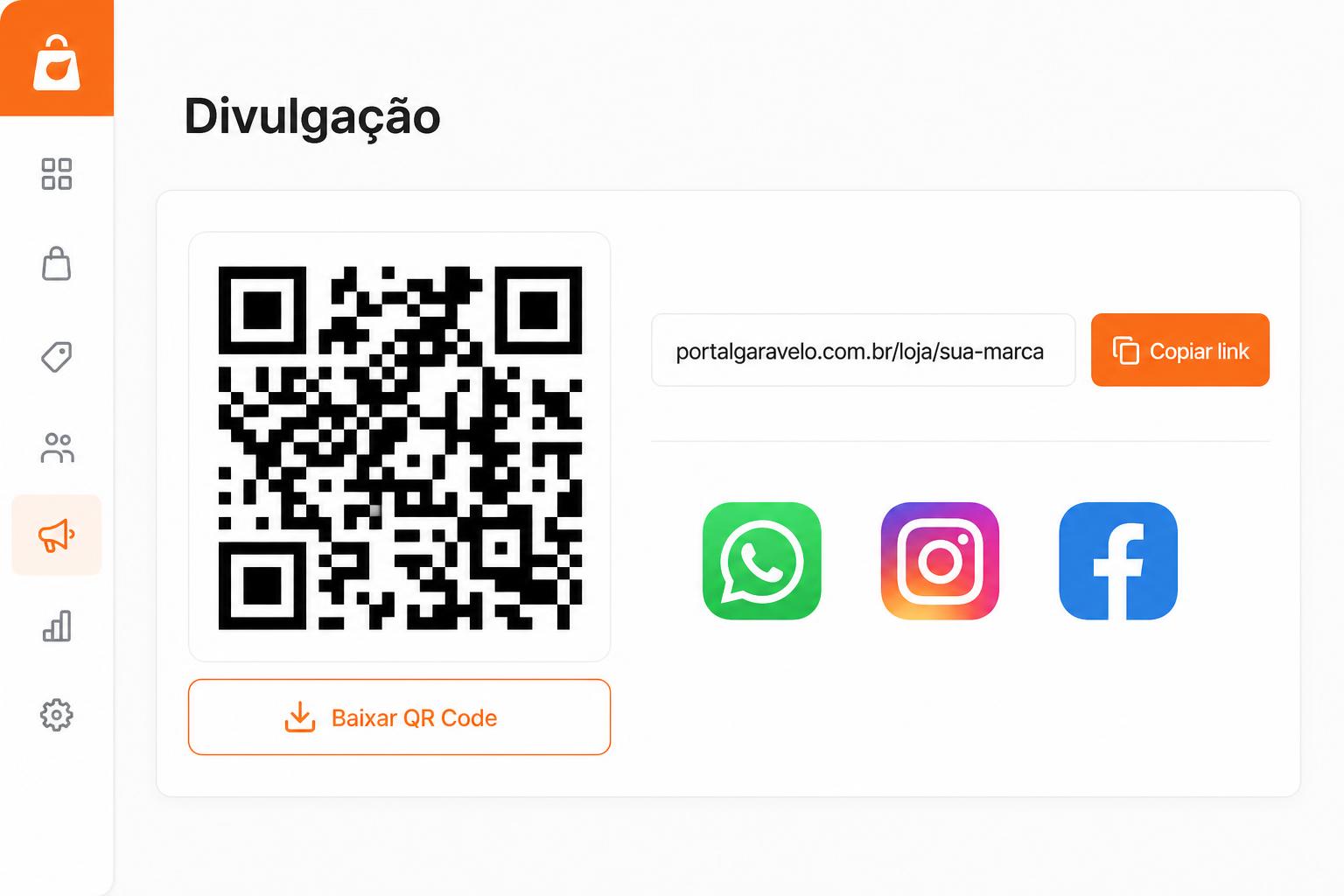 Tela de Divulgação com link da loja, QR Code para download e ícones para compartilhar nas redes